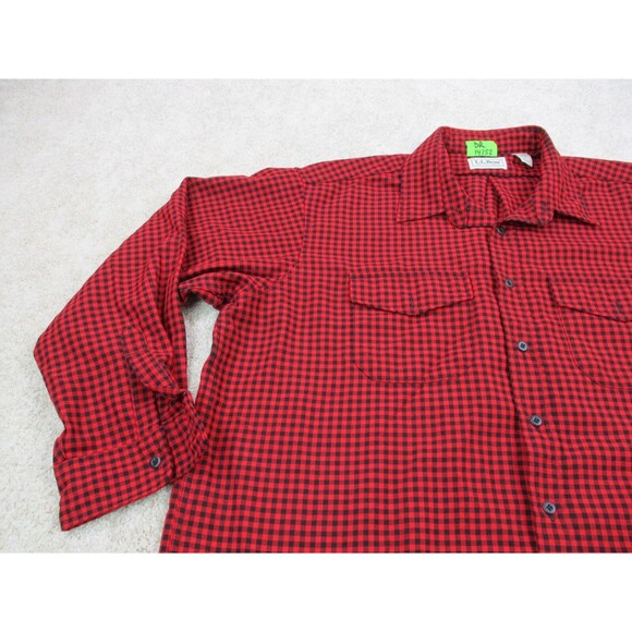 VINTAGE LL Bean Shirt 2XLT Tall Red Black Plaid Polyester Button Up Mens USA - Picture 3 of 12